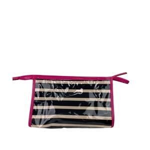 KATE SPADE Black White Stripe Pink Patent Leather Trim Zip Cosmetic Bag
